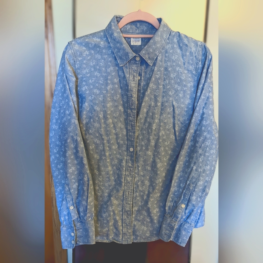 J. Crew Denim button down (L) with floral pattern
